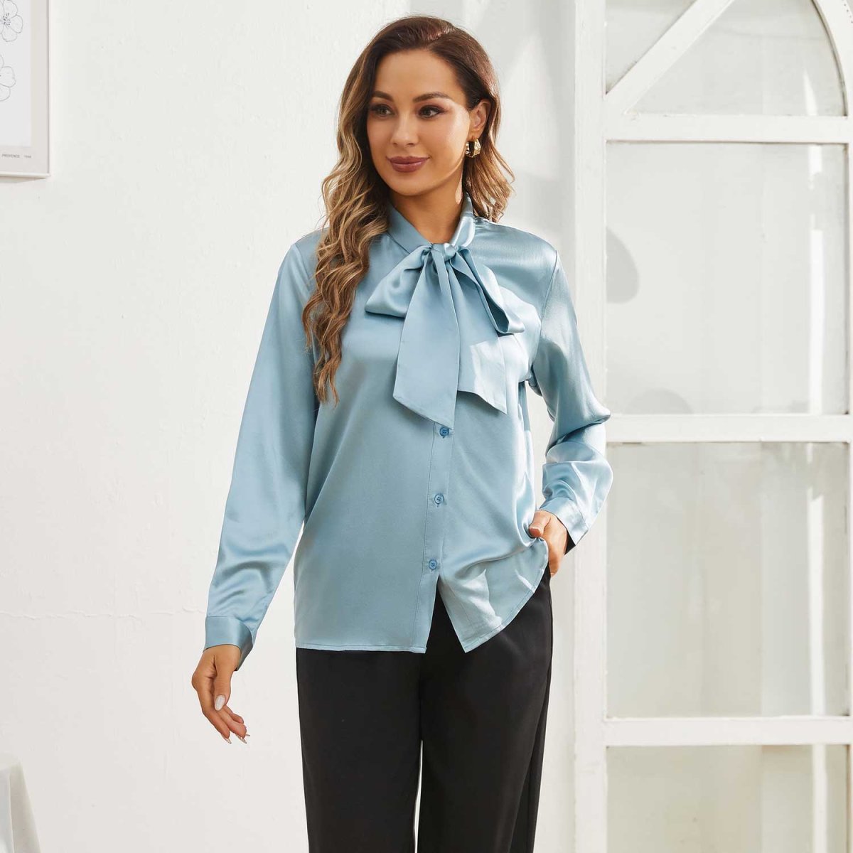 Blusa de seda para mujer camisas de seda de la cola de lazo de la manga larga - Imagen 3