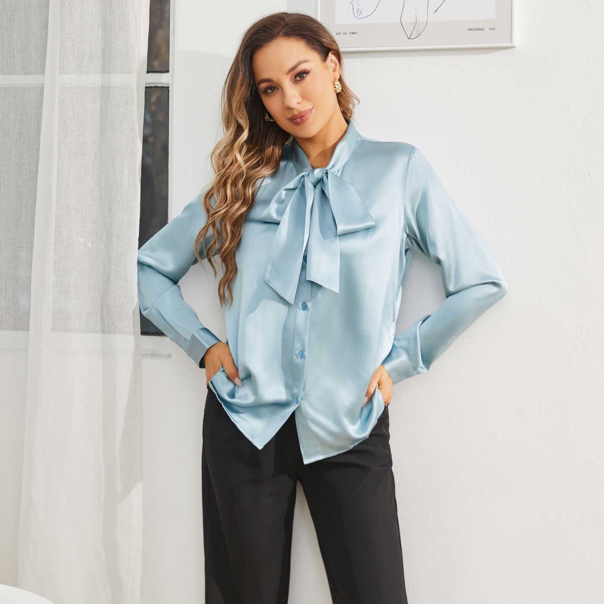 Blusa de seda para mujer camisas de seda de la cola de lazo de la manga larga - Imagen 7