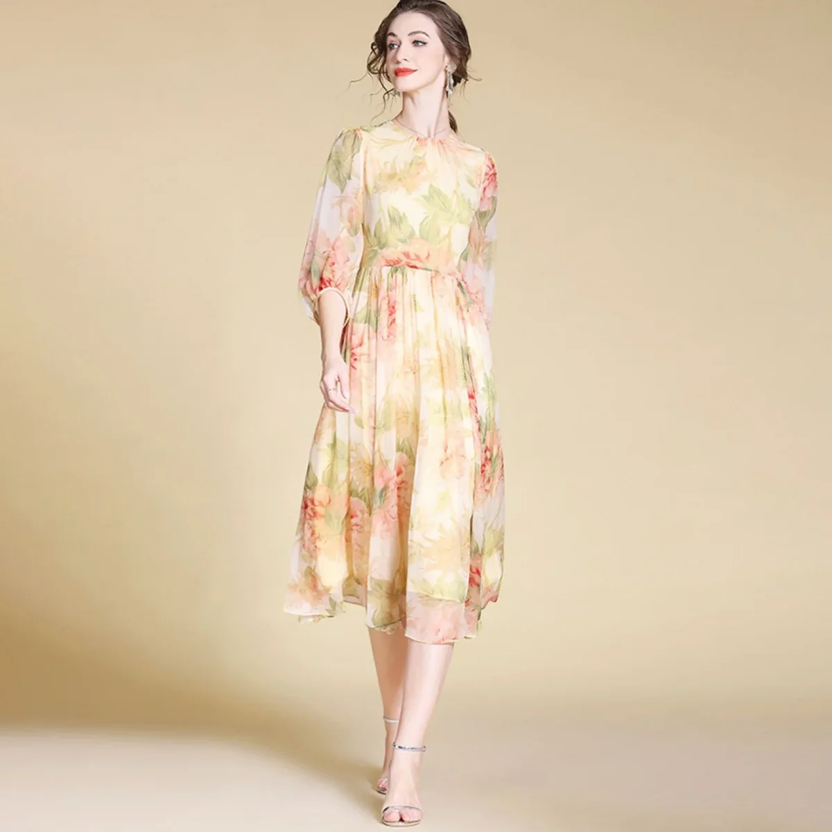 Vestido midi de seda floral para mujer Vestidos largos de seda - Imagen 5