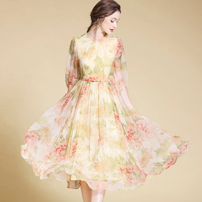 Vestido midi de seda floral para mujer Vestidos largos de seda - Imagen 4