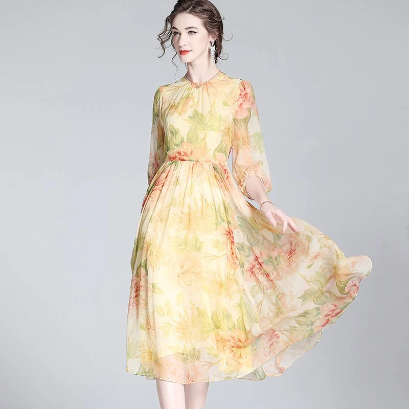 Vestido midi de seda floral para mujer Vestidos largos de seda - Imagen 2