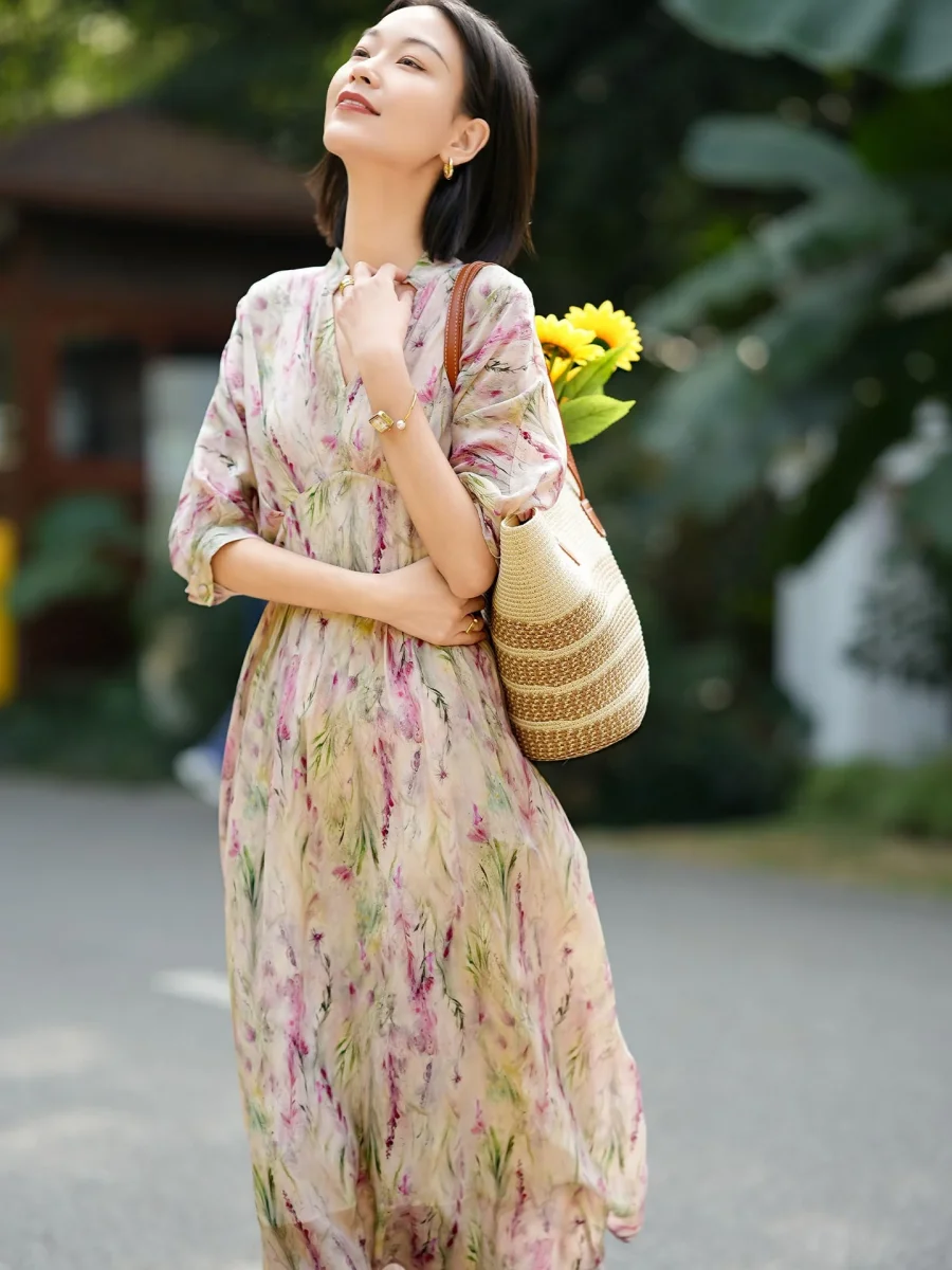 Vestido floral de seda con cintura imperio para mujer Vestido largo de seda con mangas fluidas - Imagen 3