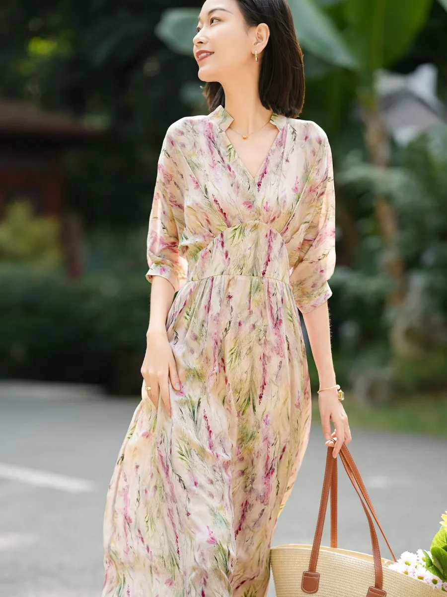 Vestido floral de seda con cintura imperio para mujer Vestido largo de seda con mangas fluidas - Imagen 5