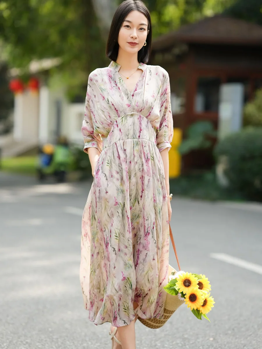 Vestido floral de seda con cintura imperio para mujer Vestido largo de seda con mangas fluidas - Imagen 4