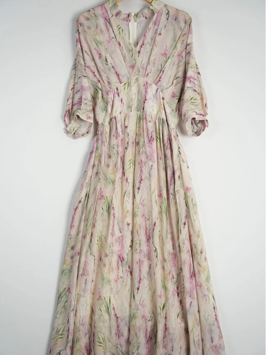 Vestido floral de seda con cintura imperio para mujer Vestido largo de seda con mangas fluidas - Imagen 6