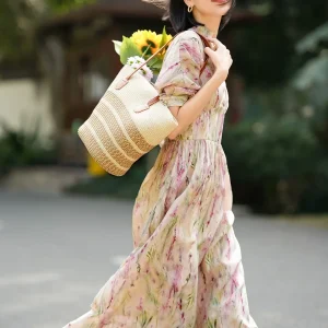 Vestido floral de seda con cintura imperio para mujer Vestido largo de seda con mangas fluidas