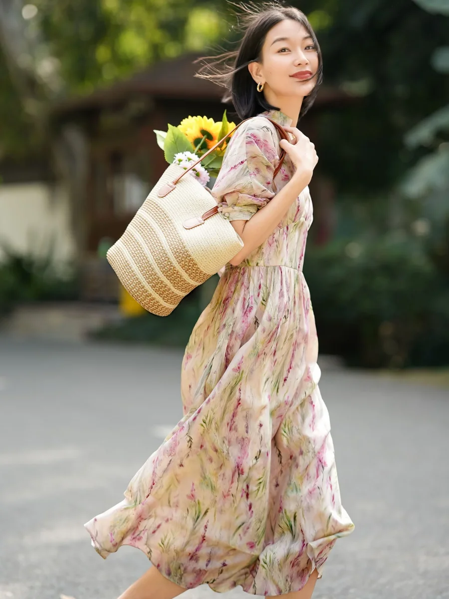 Vestido floral de seda con cintura imperio para mujer Vestido largo de seda con mangas fluidas
