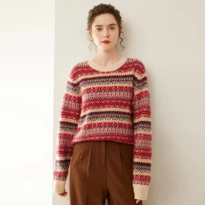 Womens Fair Isle Cashmere Knit Sweater Crew Neck Cashmere Pullover