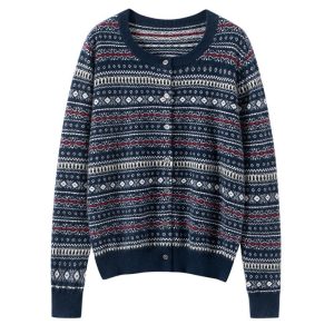 Cárdigan de cachemira pura Fair Isle para mujer Suéter de cachemira con botones y cuello redondo