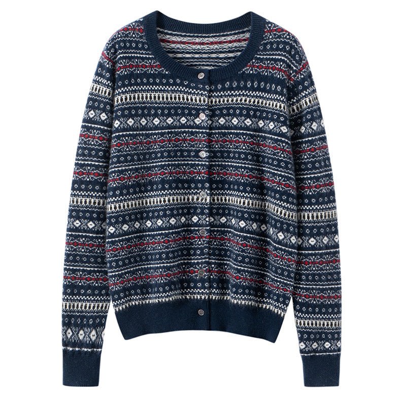 Cárdigan de cachemira pura Fair Isle para mujer Suéter de cachemira con botones y cuello redondo