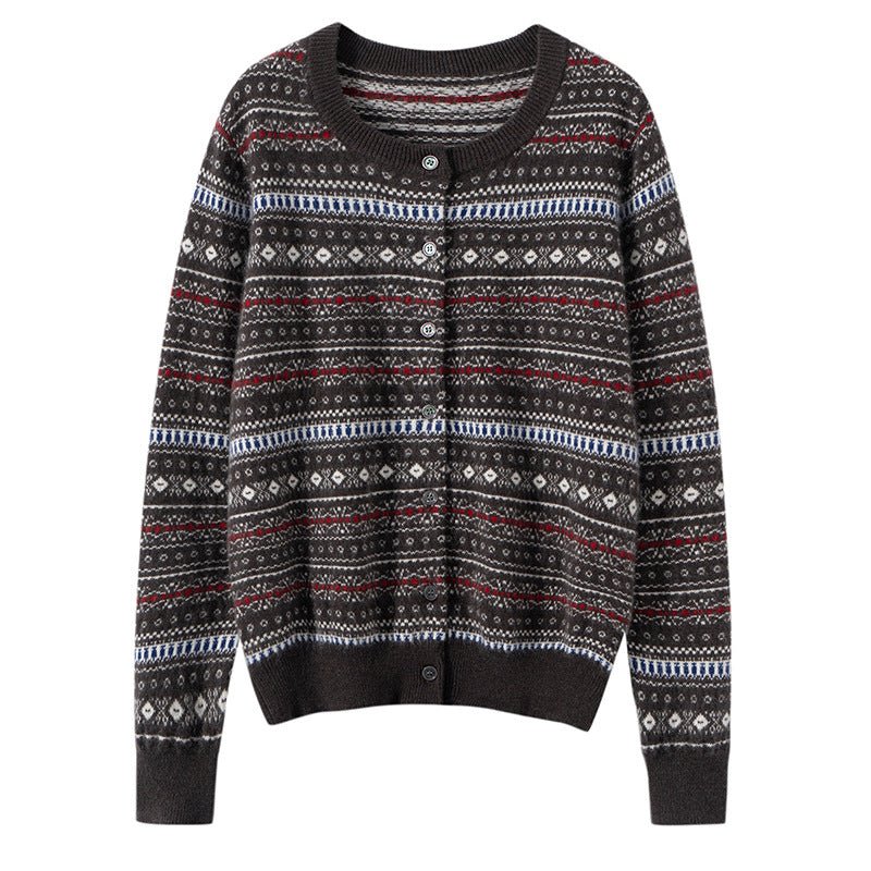 Cárdigan de cachemira pura Fair Isle para mujer Suéter de cachemira con botones y cuello redondo - Imagen 5