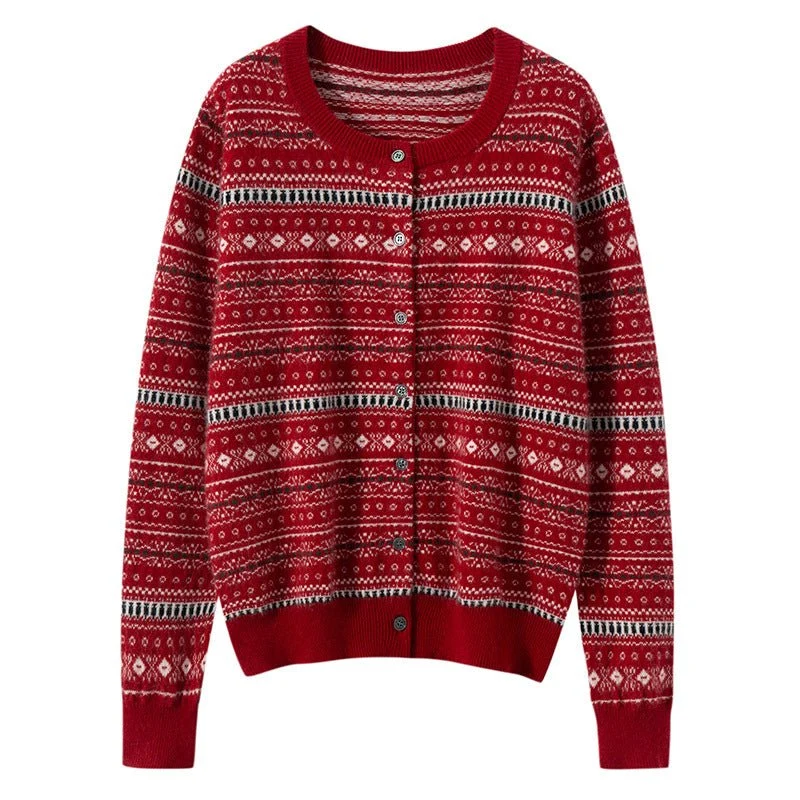 Cárdigan de cachemira pura Fair Isle para mujer Suéter de cachemira con botones y cuello redondo - Imagen 4