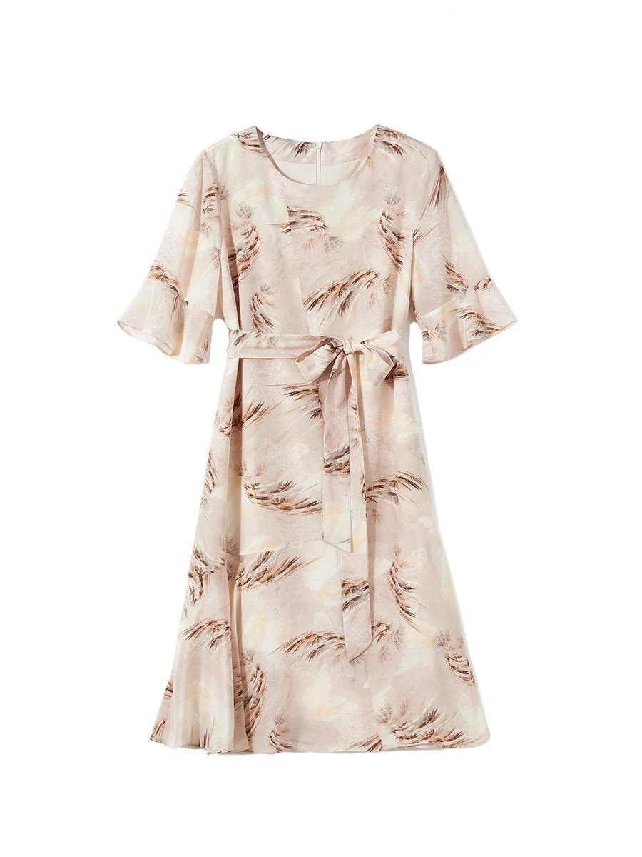 Vestido midi de seda con estampado de plumas y lazo en la cintura para mujer Vestido floral de seda de manga corta - Imagen 6
