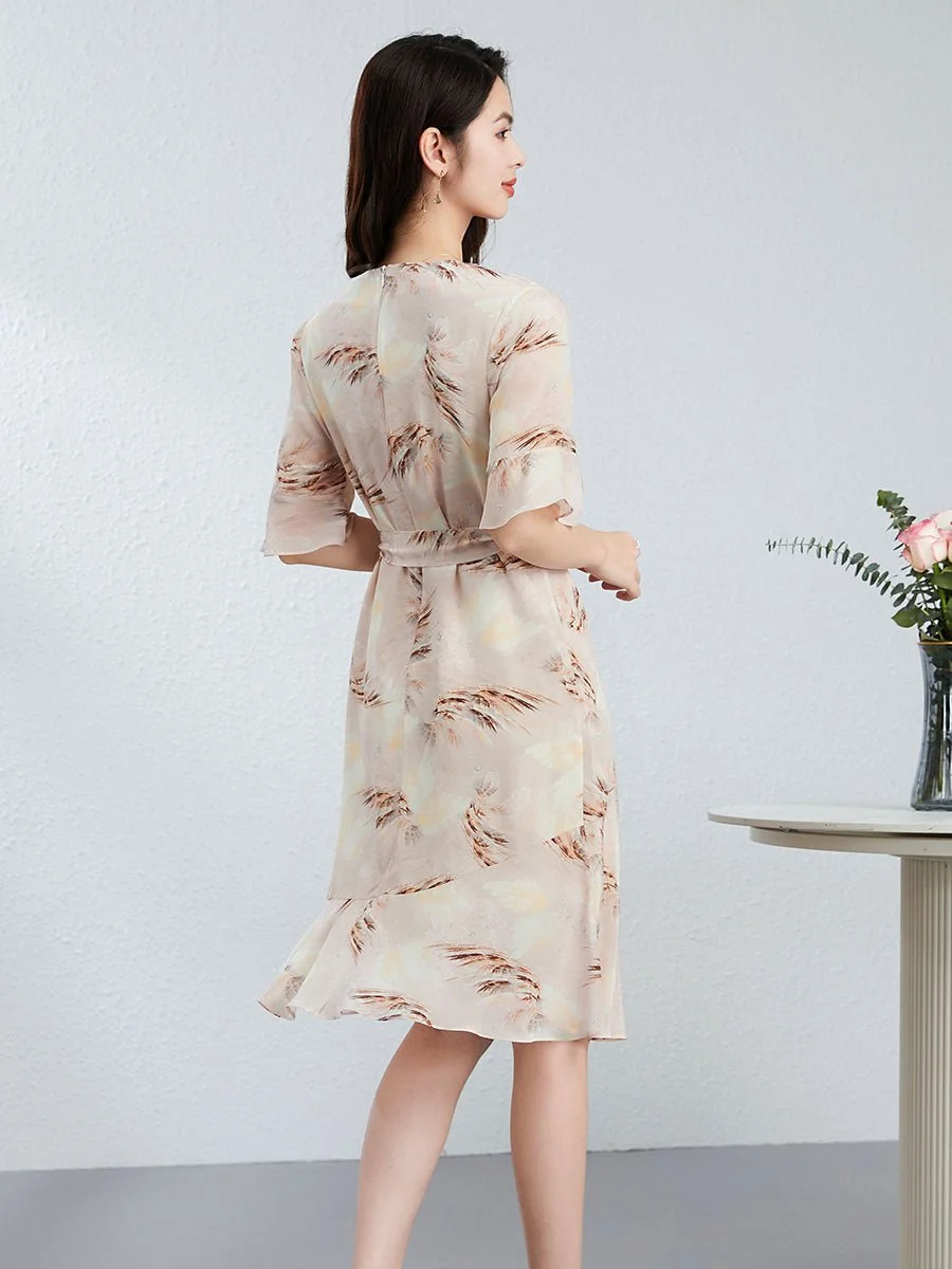 Vestido midi de seda con estampado de plumas y lazo en la cintura para mujer Vestido floral de seda de manga corta - Imagen 5