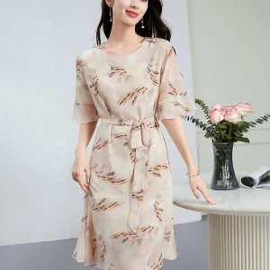 Vestido midi de seda con estampado de plumas y lazo en la cintura para mujer Vestido floral de seda de manga corta