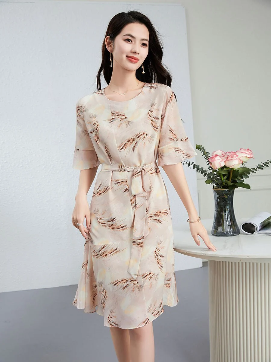 Vestido midi de seda con estampado de plumas y lazo en la cintura para mujer Vestido floral de seda de manga corta