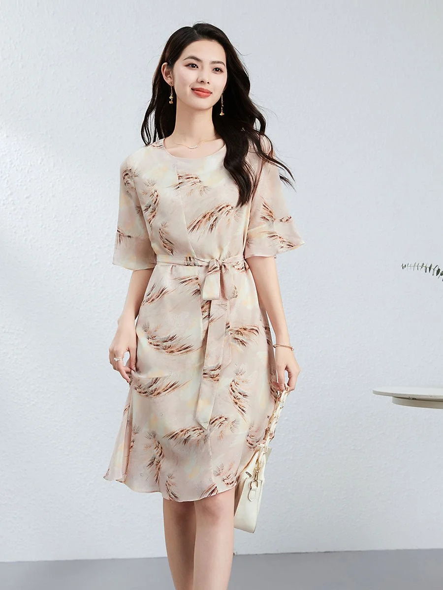 Vestido midi de seda con estampado de plumas y lazo en la cintura para mujer Vestido floral de seda de manga corta - Imagen 4