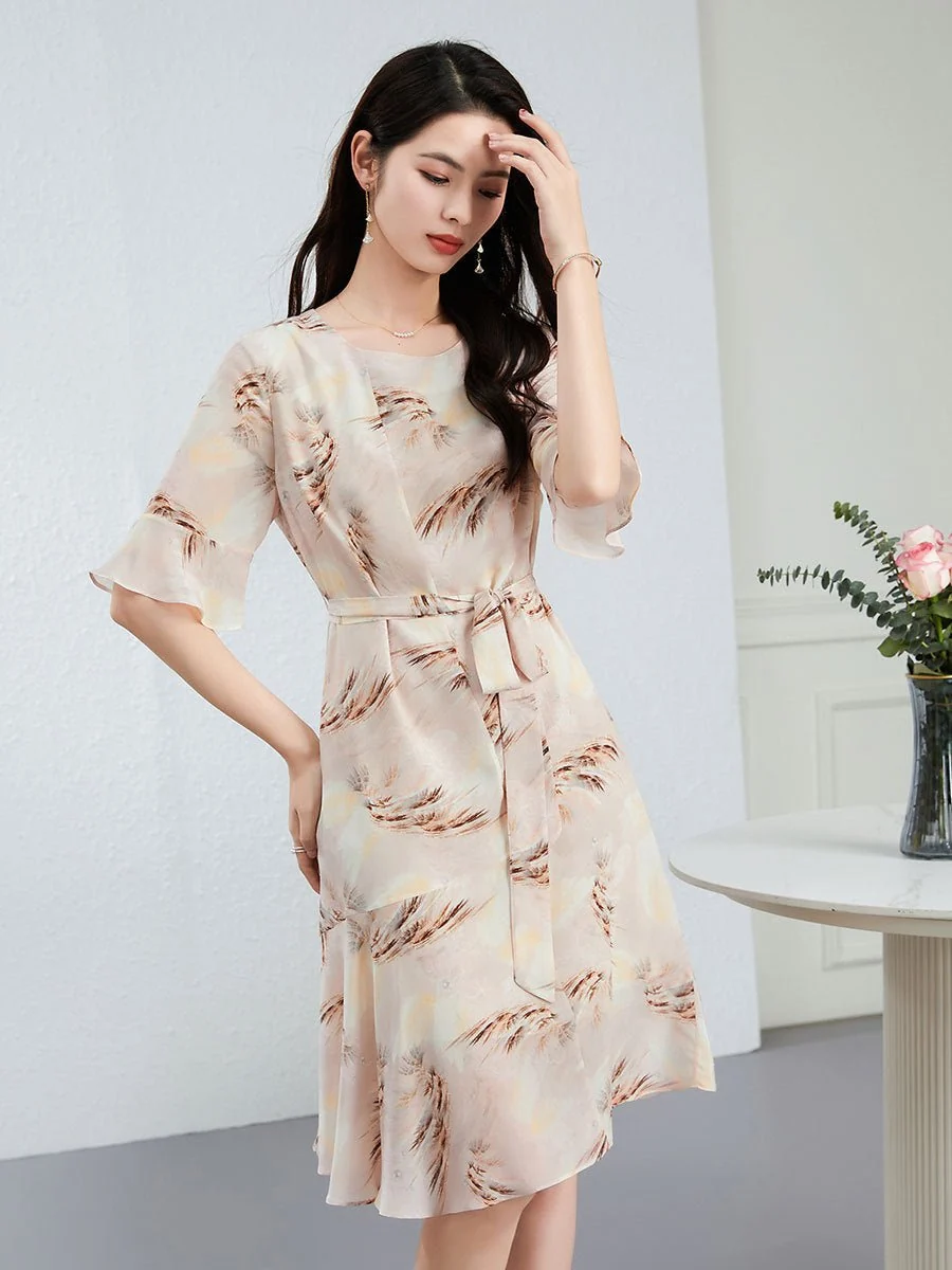Vestido midi de seda con estampado de plumas y lazo en la cintura para mujer Vestido floral de seda de manga corta - Imagen 3