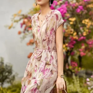 Vestido de seda con estampado floral para mujer Vestido midi de seda con cinturón y manga corta con cuello en V