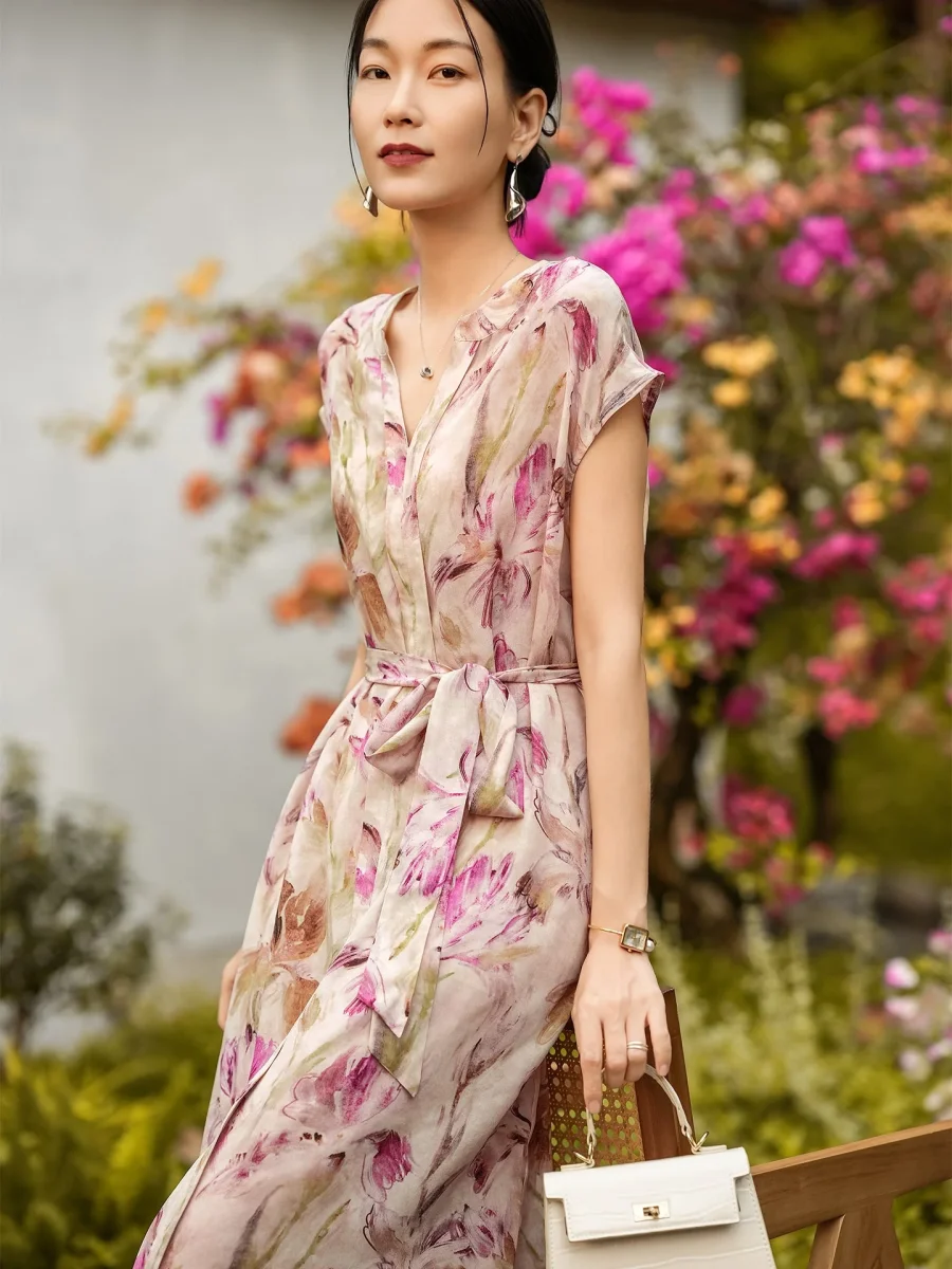 Vestido de seda con estampado floral para mujer Vestido midi de seda con cinturón y manga corta con cuello en V - Imagen 2