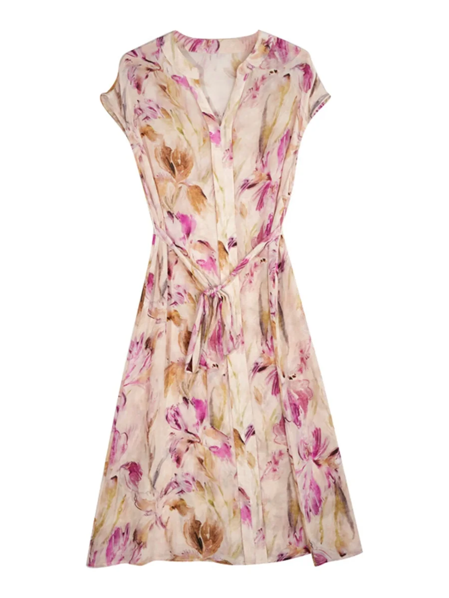 Vestido de seda con estampado floral para mujer Vestido midi de seda con cinturón y manga corta con cuello en V - Imagen 6