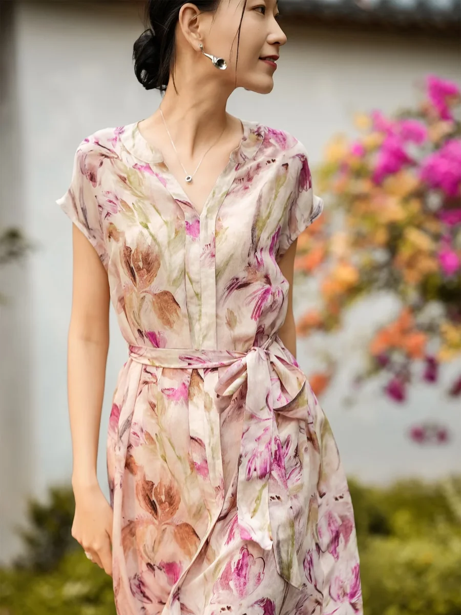 Vestido de seda con estampado floral para mujer Vestido midi de seda con cinturón y manga corta con cuello en V - Imagen 3