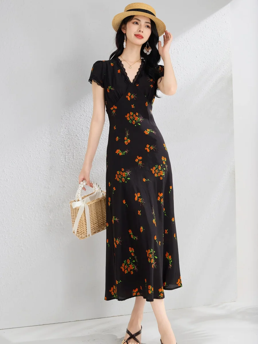 Vestido midi de seda con estampado floral para mujer Vestido de seda con cuello en V y ribete de encaje - Imagen 6