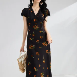 Vestido midi de seda con estampado floral para mujer Vestido de seda con cuello en V y ribete de encaje