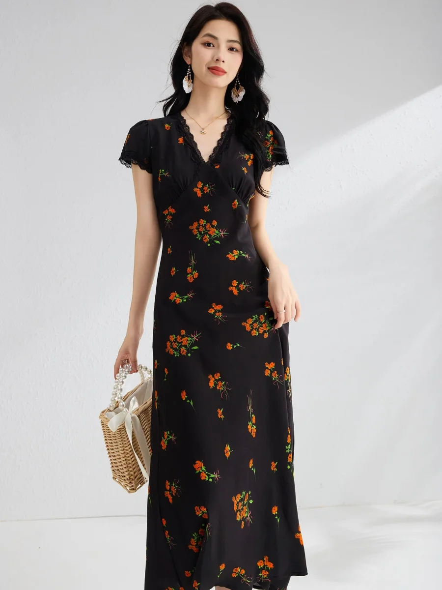 Vestido midi de seda con estampado floral para mujer Vestido de seda con cuello en V y ribete de encaje