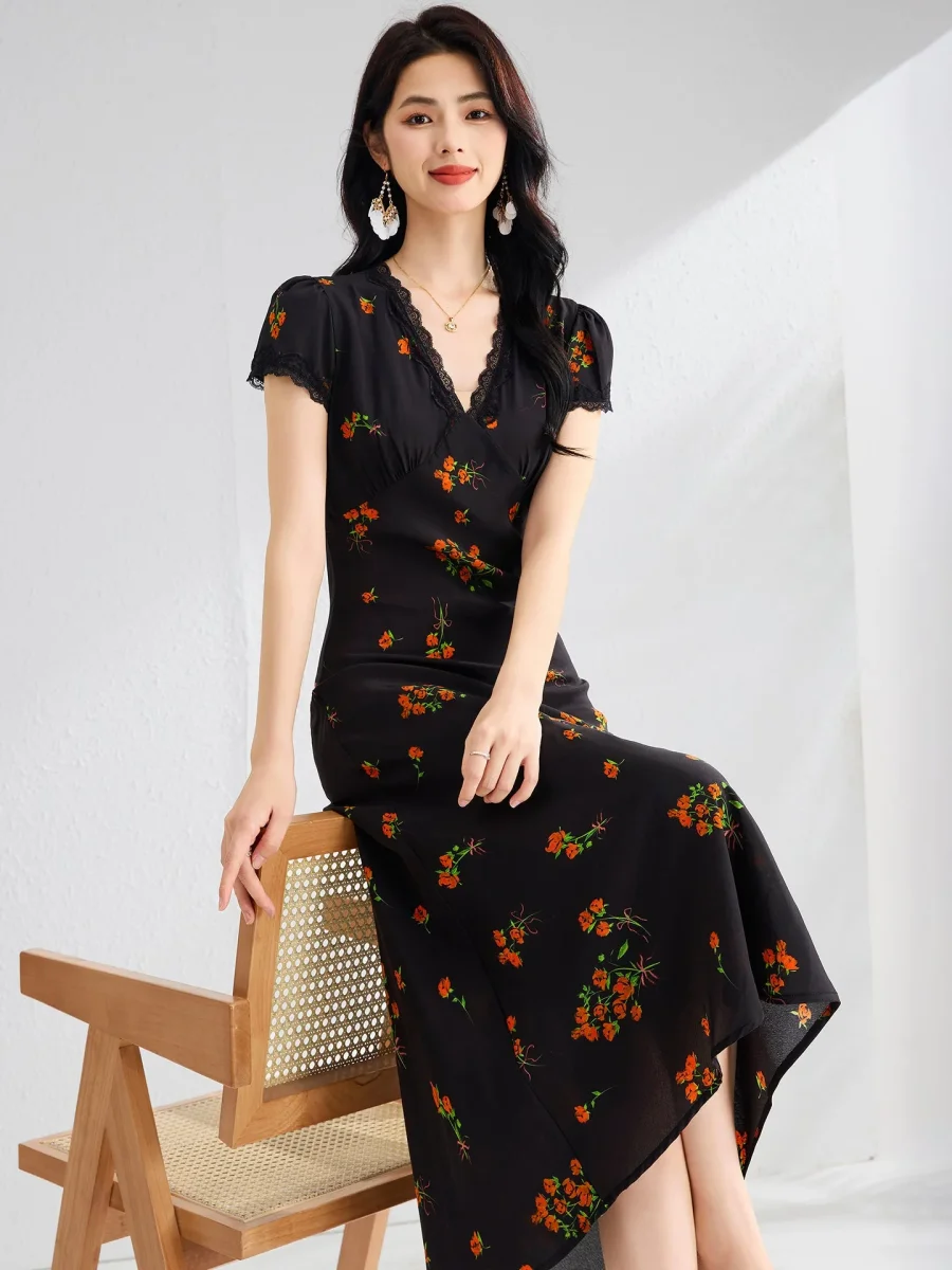 Vestido midi de seda con estampado floral para mujer Vestido de seda con cuello en V y ribete de encaje - Imagen 3