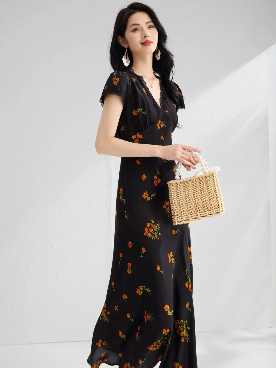 Vestido midi de seda con estampado floral para mujer Vestido de seda con cuello en V y ribete de encaje - Imagen 5