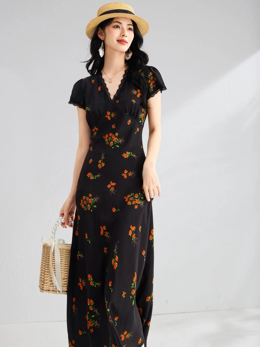 Vestido midi de seda con estampado floral para mujer Vestido de seda con cuello en V y ribete de encaje - Imagen 4