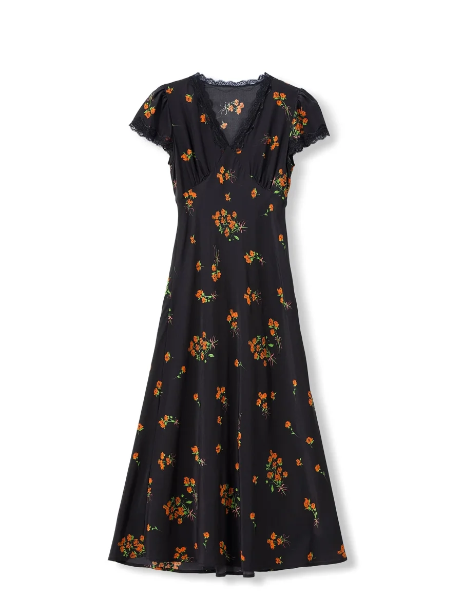 Vestido midi de seda con estampado floral para mujer Vestido de seda con cuello en V y ribete de encaje - Imagen 7