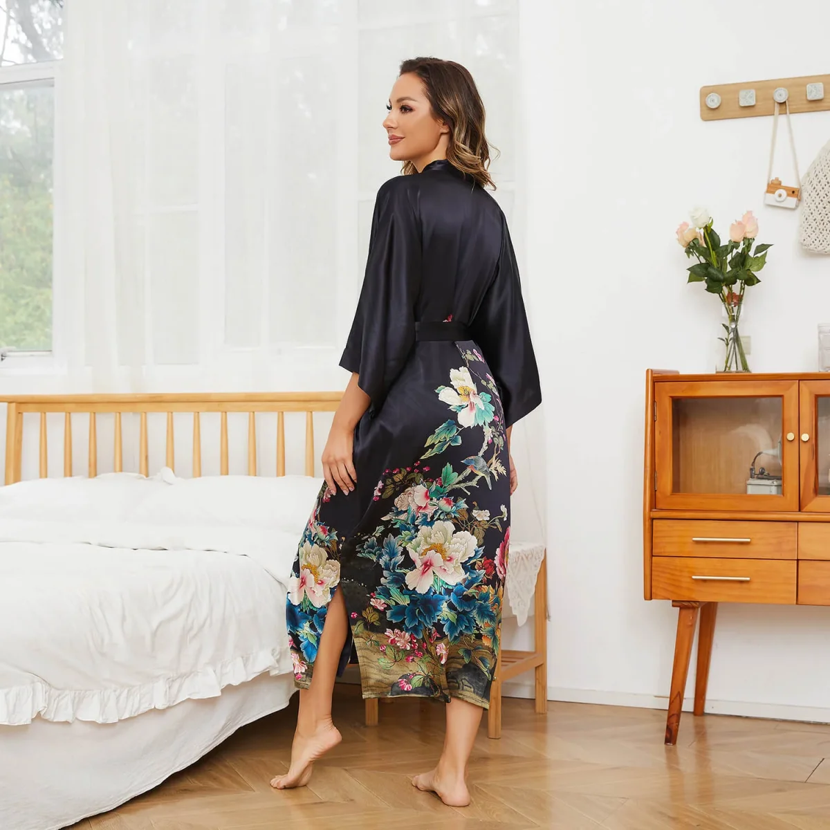 Túnicas de kimono de seda pura de estampado floral para mujeres - Imagen 4