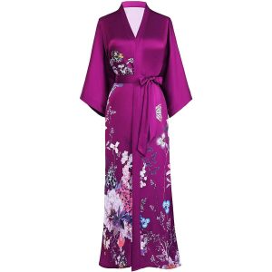 Túnicas de kimono de seda con estampado floral de longitud completa para mujeres