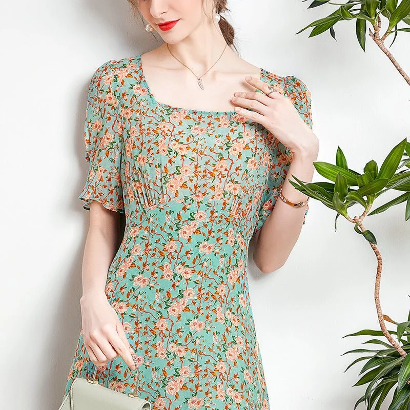 Vestido midi de seda floral para mujer Vestidos de seda con cuello cuadrado y mangas abullonadas - Imagen 3