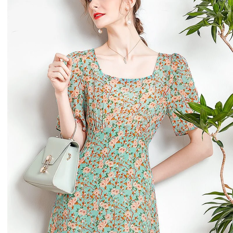 Vestido midi de seda floral para mujer Vestidos de seda con cuello cuadrado y mangas abullonadas - Imagen 4