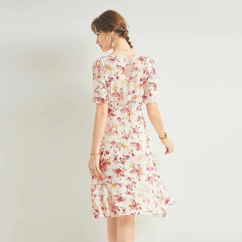 Vestido midi de seda floral para mujer Vestidos de seda con cuello cuadrado y mangas abullonadas - Imagen 7