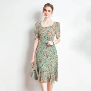 Vestido midi de seda floral para mujer Vestidos de seda con cuello cuadrado y mangas abullonadas