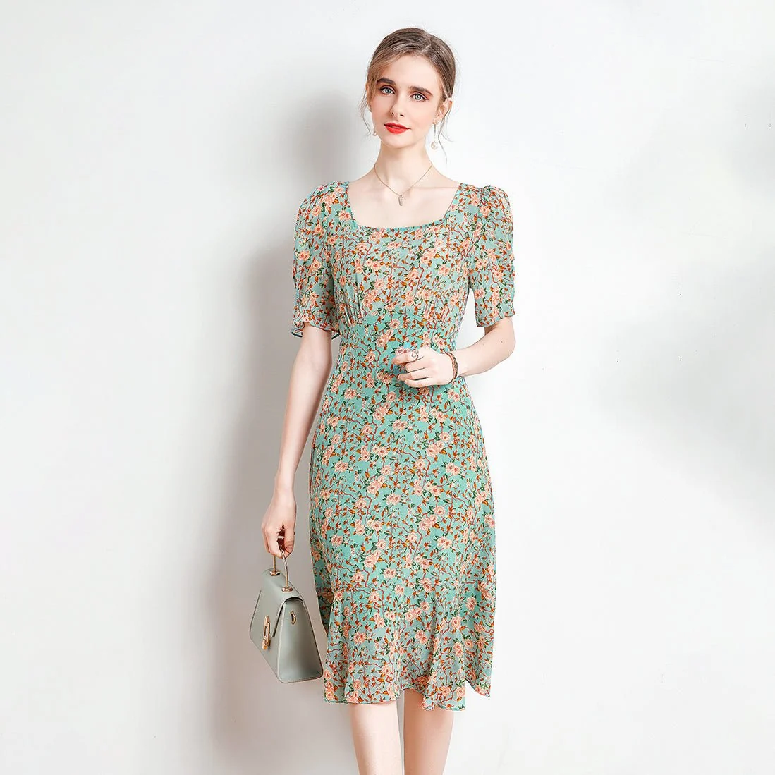 Vestido midi de seda floral para mujer Vestidos de seda con cuello cuadrado y mangas abullonadas