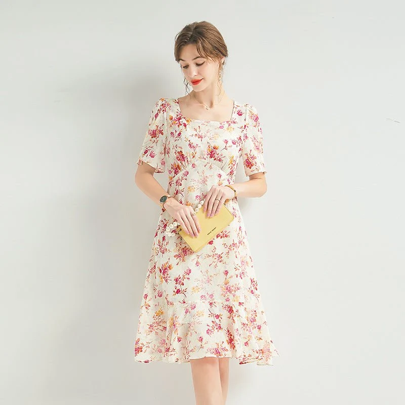 Vestido midi de seda floral para mujer Vestidos de seda con cuello cuadrado y mangas abullonadas - Imagen 6