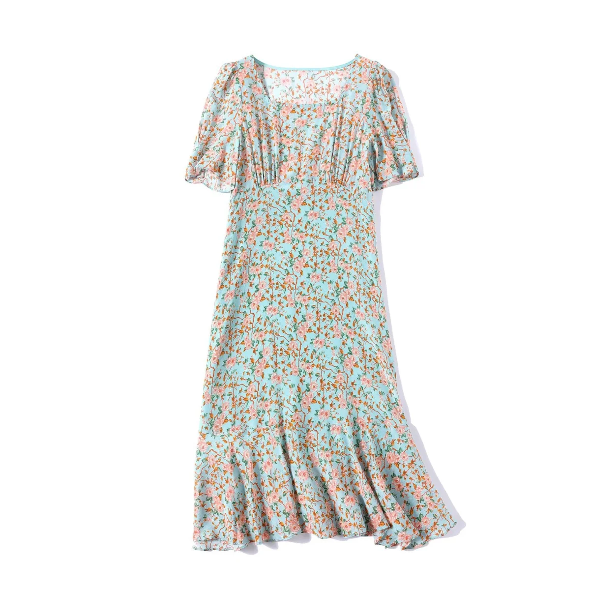 Vestido midi de seda floral para mujer Vestidos de seda con cuello cuadrado y mangas abullonadas - Imagen 5