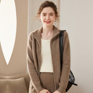 Cárdigan de cachemira con cremallera completa para mujer Abrigo de cachemira con cuello plegable