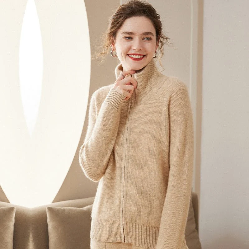 Cárdigan de cachemira con cremallera completa para mujer Abrigo de cachemira con cuello plegable - Imagen 4