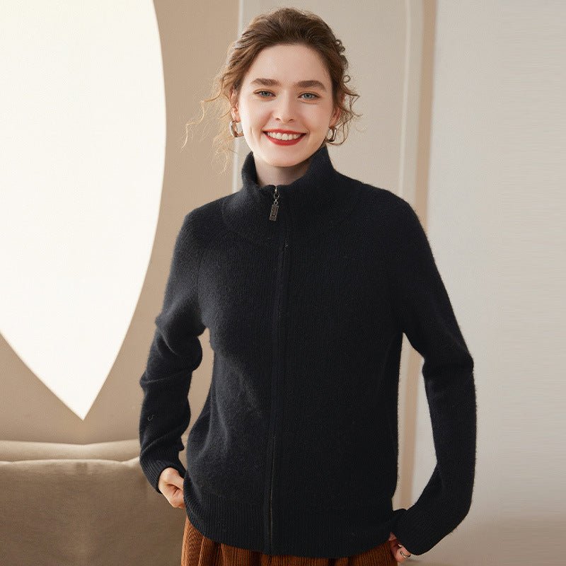 Cárdigan de cachemira con cremallera completa para mujer Abrigo de cachemira con cuello plegable - Imagen 6