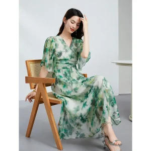 Vestido de gasa de seda verde para mujer Vestido largo de seda Vestido floral de seda