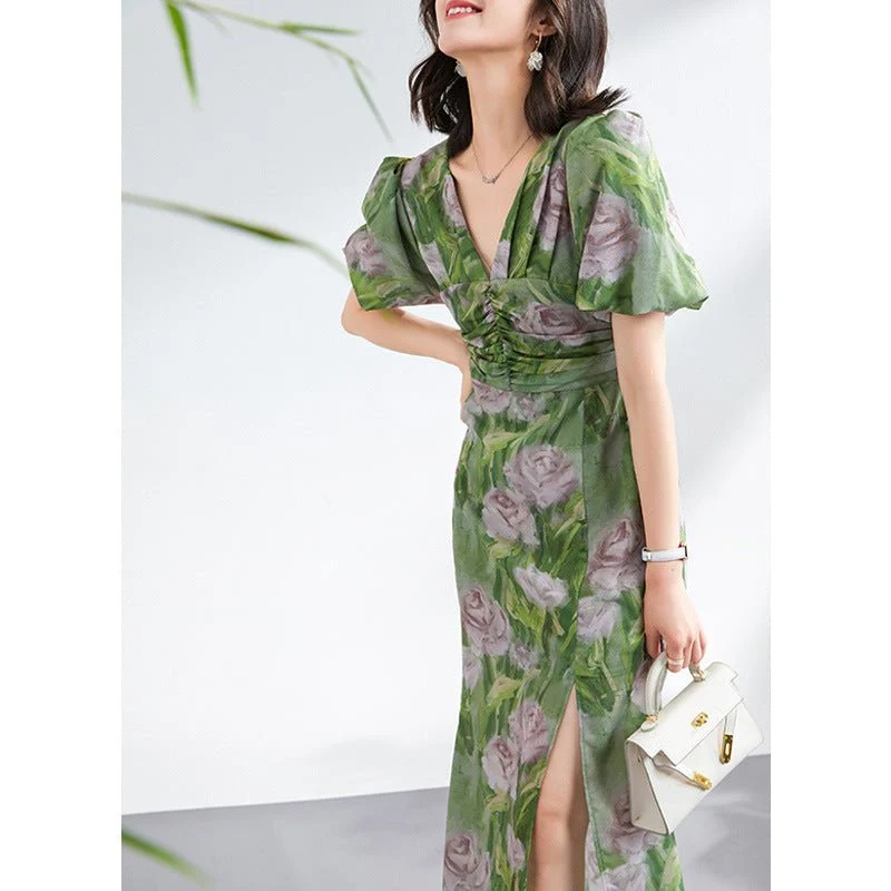Vestido largo fruncido floral de seda verde para mujer Vestidos de seda con aberturas - Imagen 4