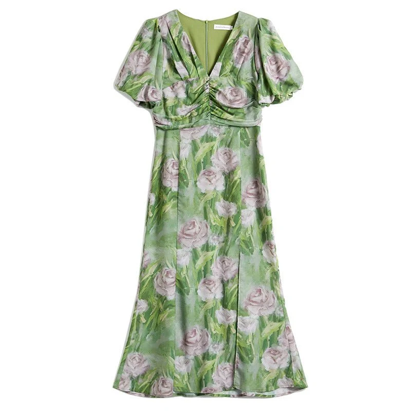 Vestido largo fruncido floral de seda verde para mujer Vestidos de seda con aberturas - Imagen 5
