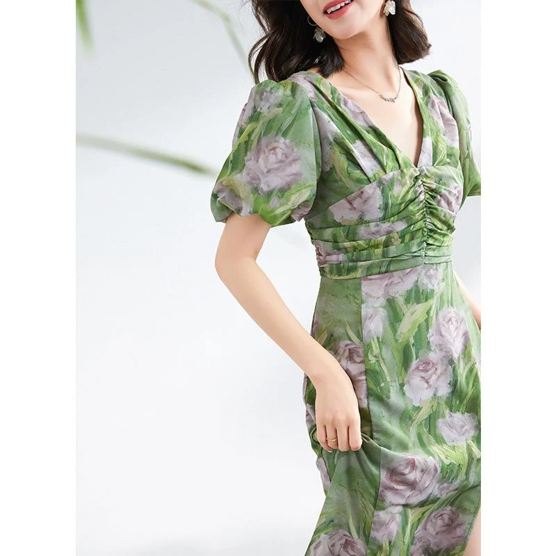 Vestido largo fruncido floral de seda verde para mujer Vestidos de seda con aberturas - Imagen 3