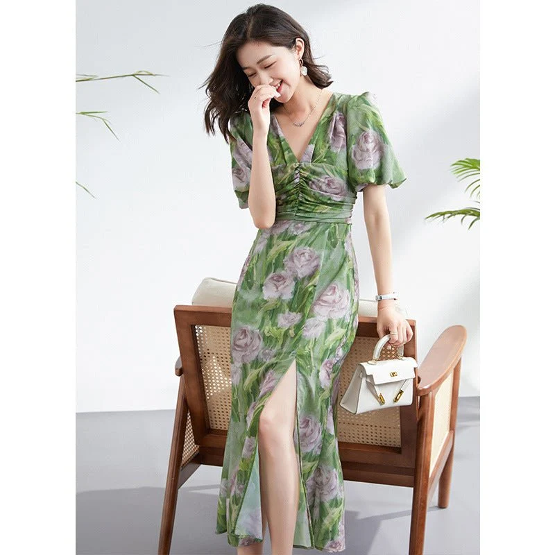 Vestido largo fruncido floral de seda verde para mujer Vestidos de seda con aberturas - Imagen 2